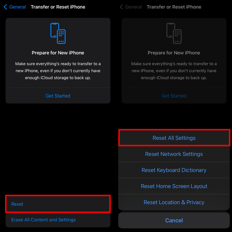 tap on reset all settings option