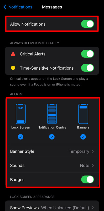 check the messages notification settings