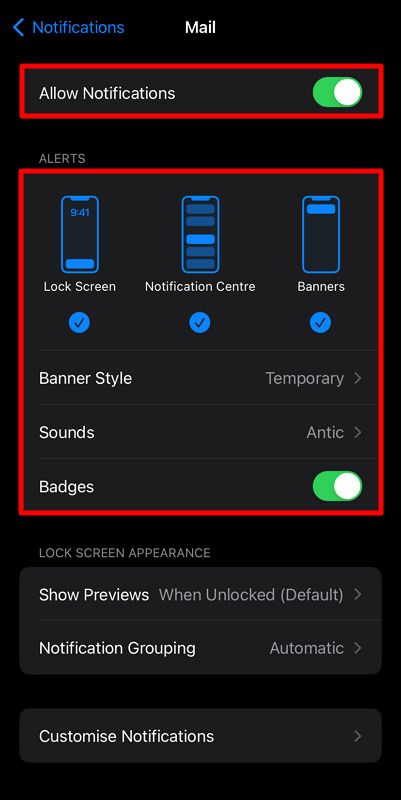 activate mail notification settings