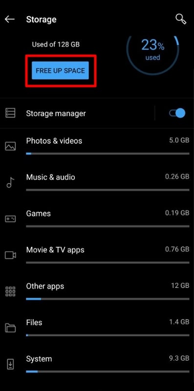 tap the free up space button