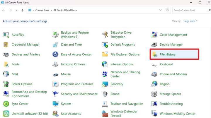 open File History restore personal files