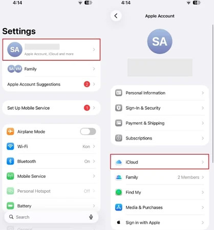 Open Apple Account and iCloud settings on iPhone