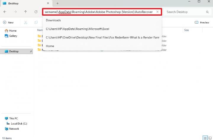 Open Photoshop AutoRecover folder in File Explorer