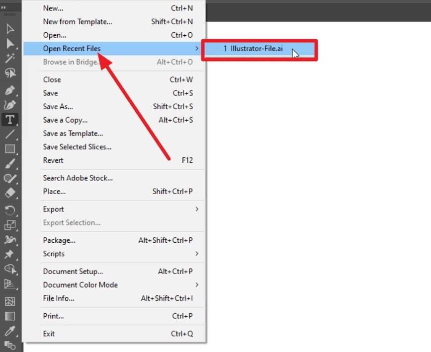 open recent Illustrator files menu