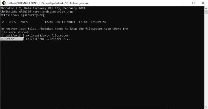 choose file system type in PhotoRec