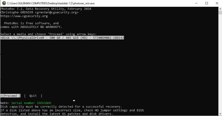 open PhotoRec recovery menu