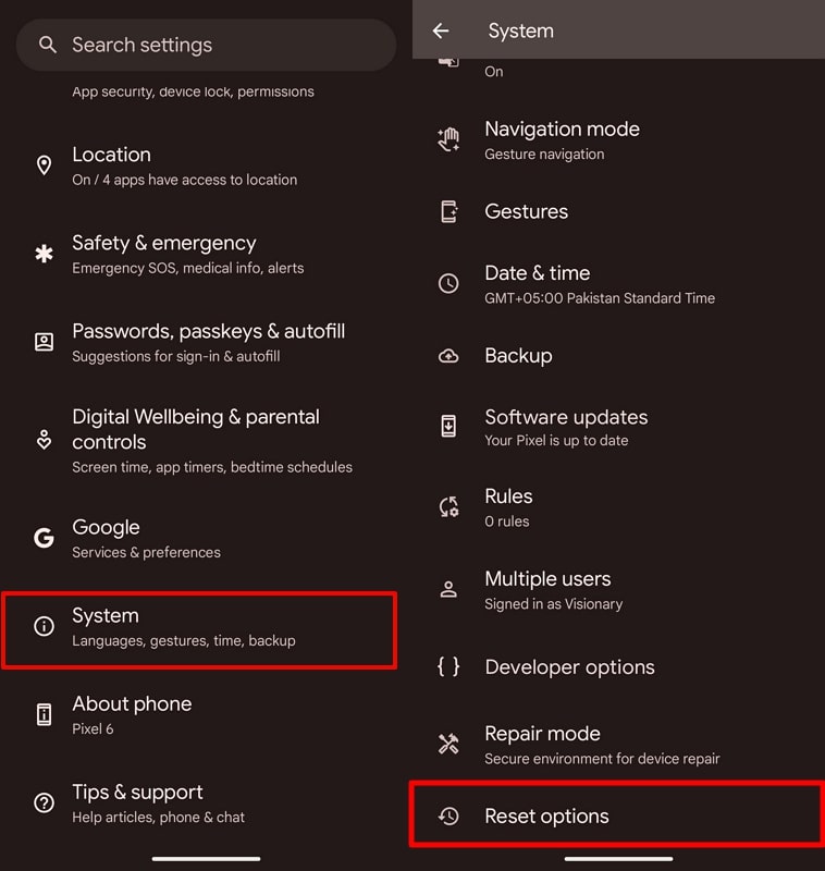 access the reset options