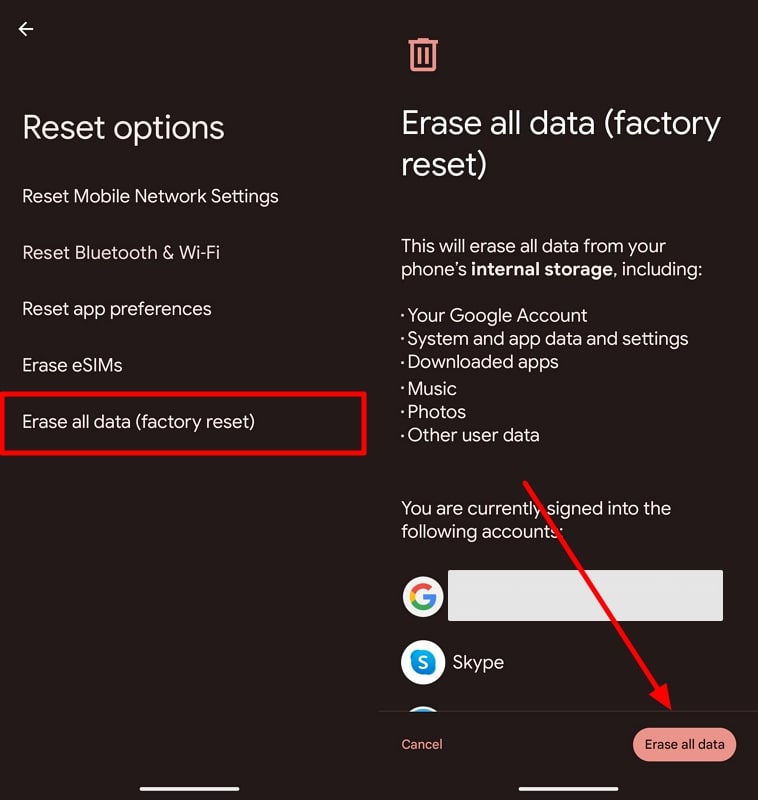 tap erase all data button