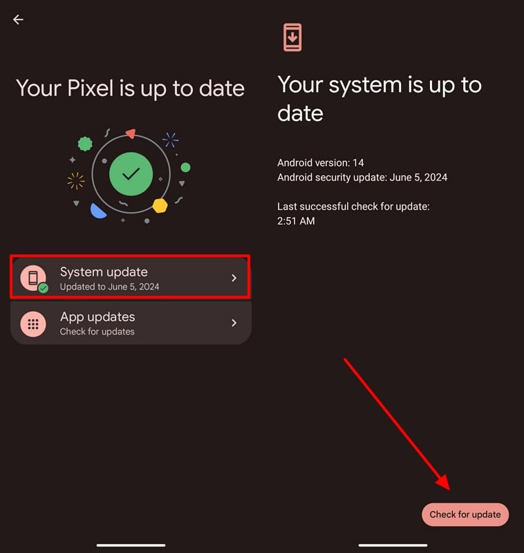 press check for update button