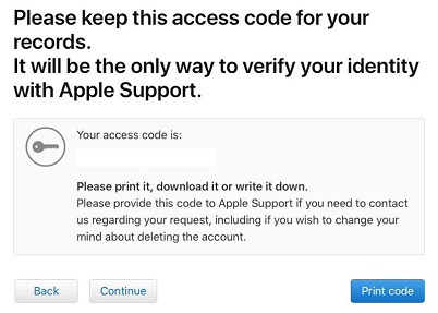 receive access code of Apple ID account deletion