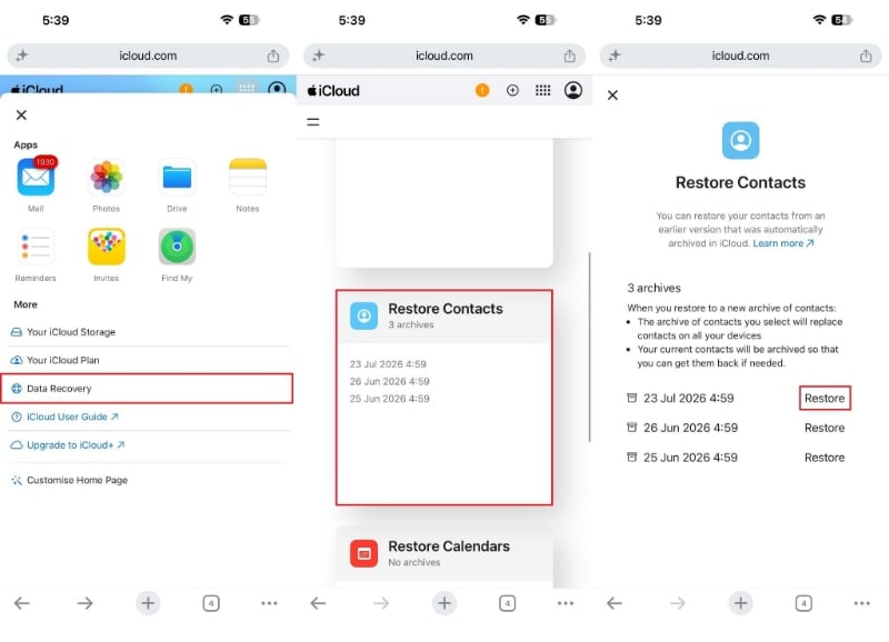 restore data from icloud.com