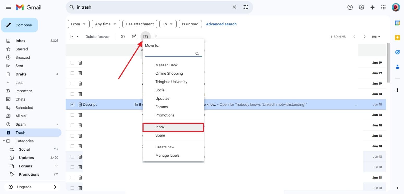 move deleted mail to inbox