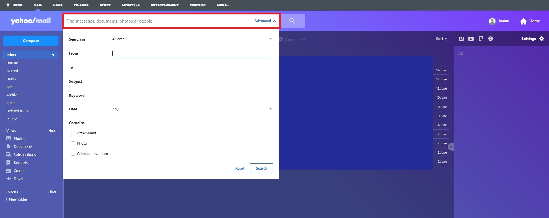 search email using search and filters