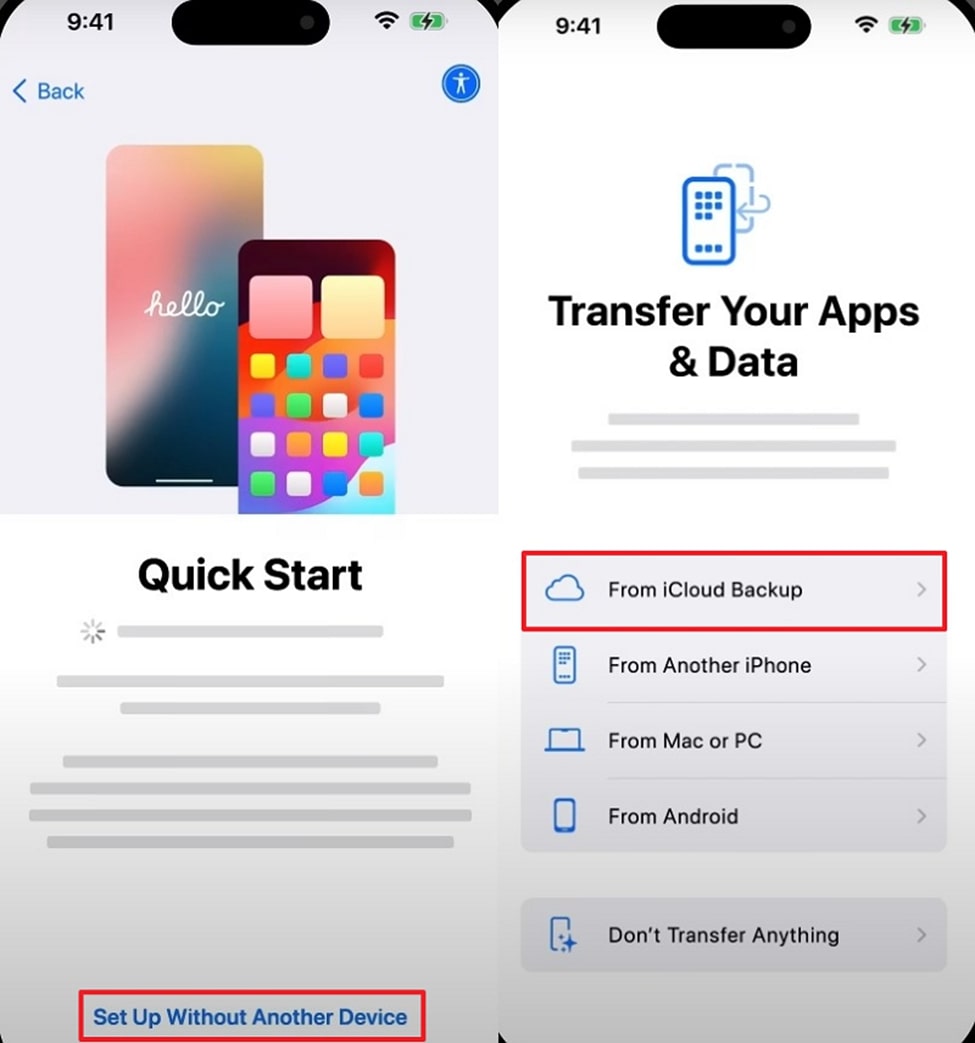 set up device from icloud backup