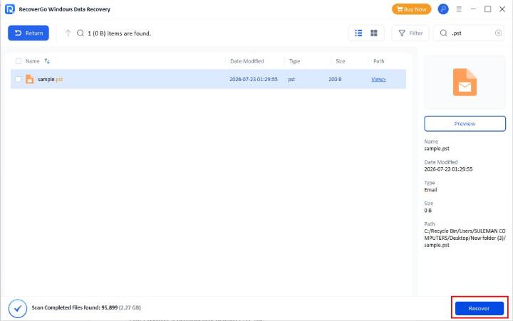 Recover PST file from RecoverGo results
