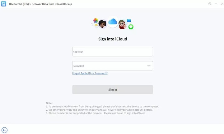 Sign in to iCloud in RecoverGo iOS