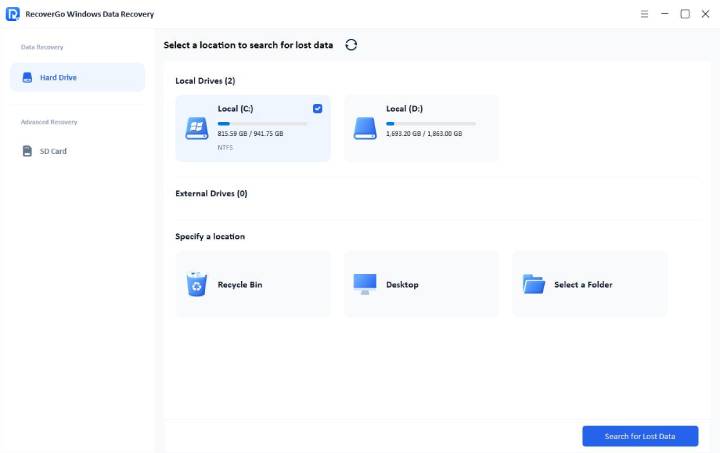 Recovergo Windows Date Recovery Interface
