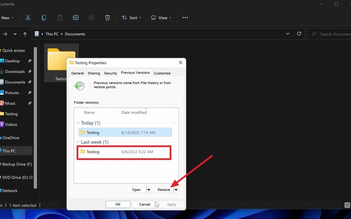 Choose a previous version to restore orphaned files