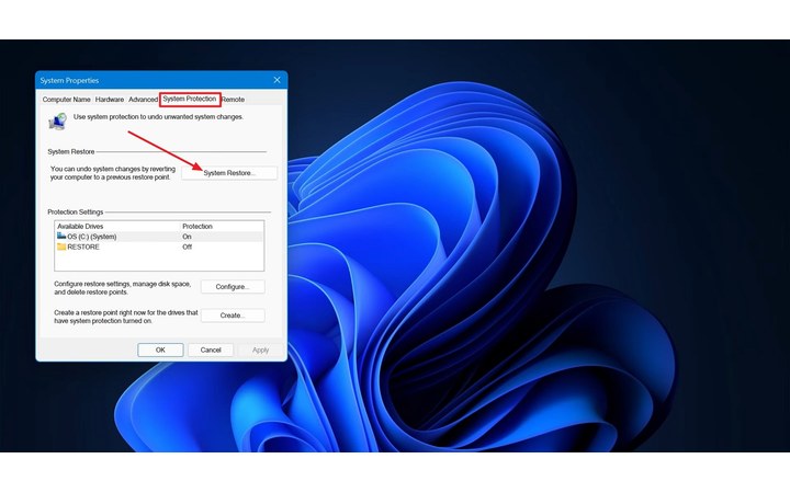 Open System Protection settings for System Restore