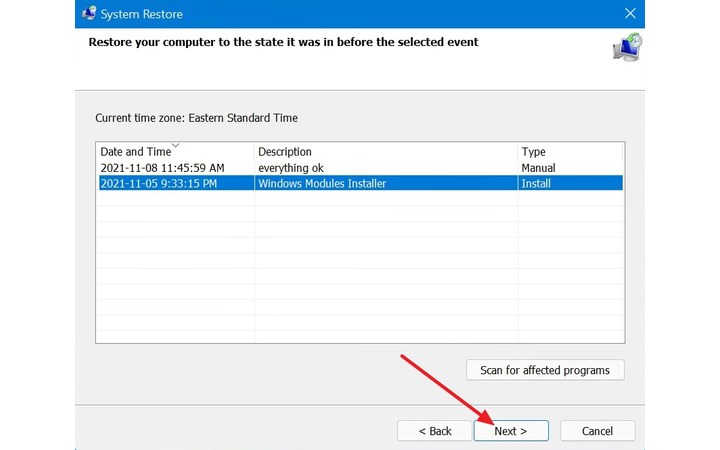 Choose a Windows restore point for orphaned files