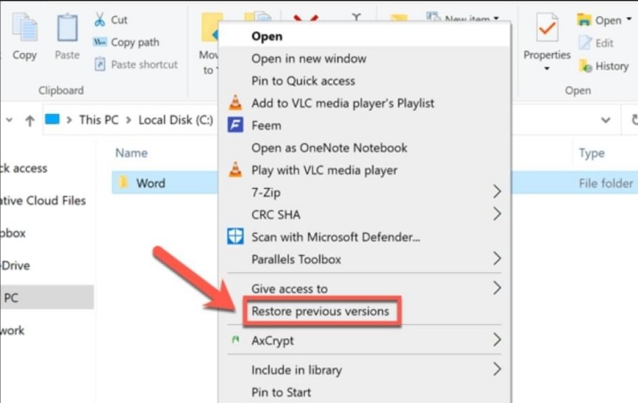 recovery via the restore previous versions feature