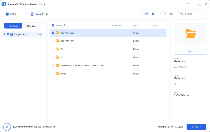 choose files from recycle bin