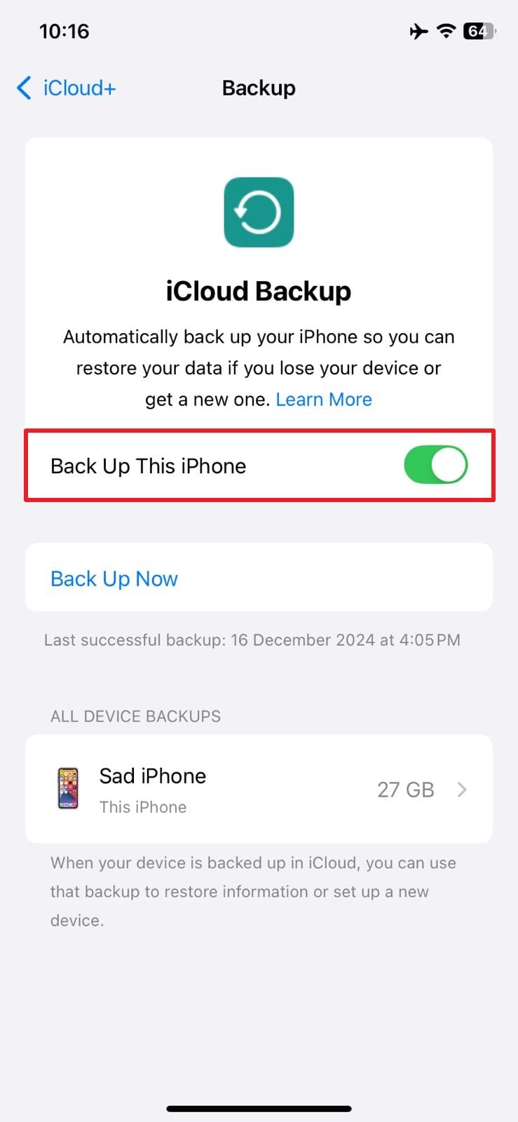 enable backup this iphone
