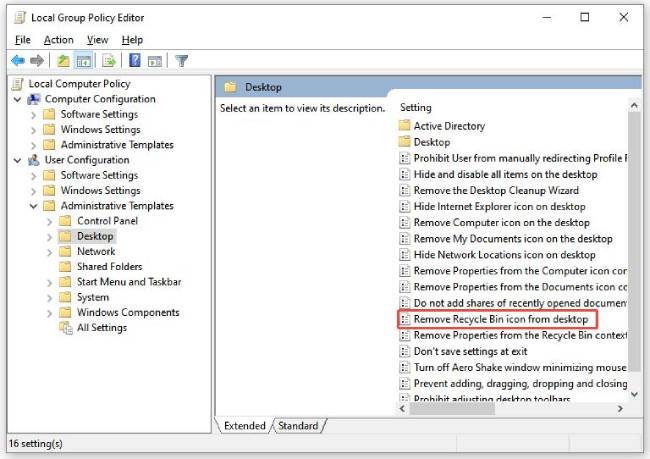 Remove Recycle Bin with Local Group Policy Editor