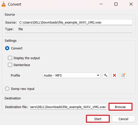 browse destination and start