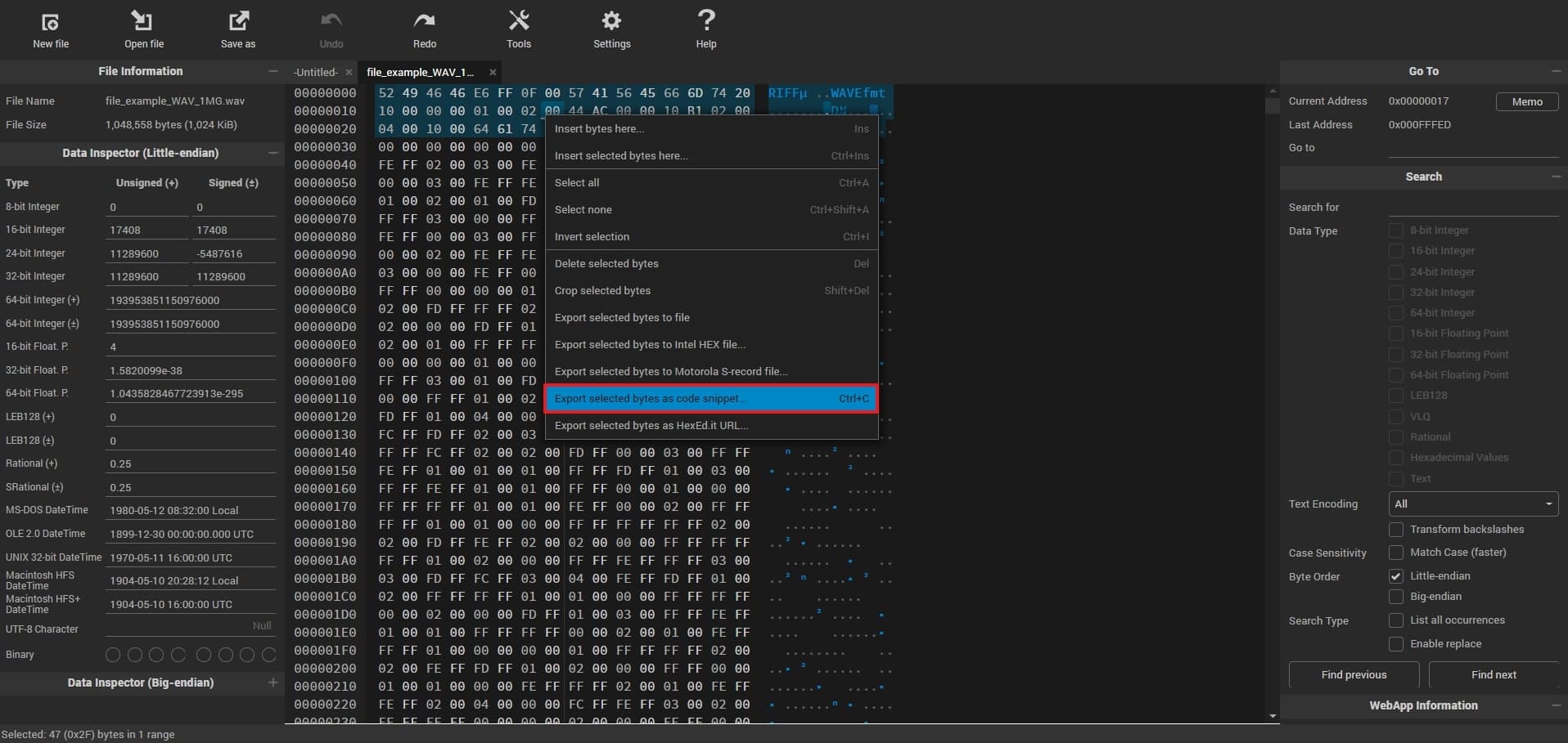 export selected bytes as code snippet