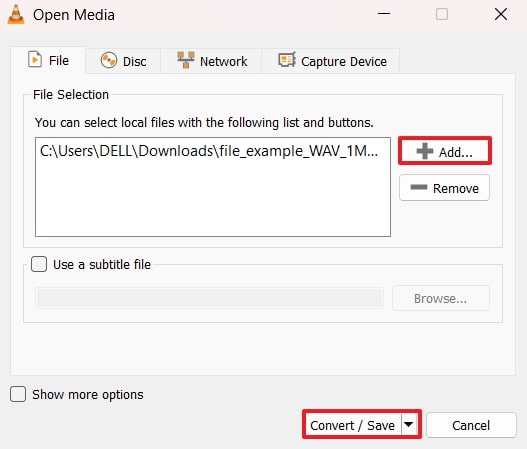 add file in vlc and convert