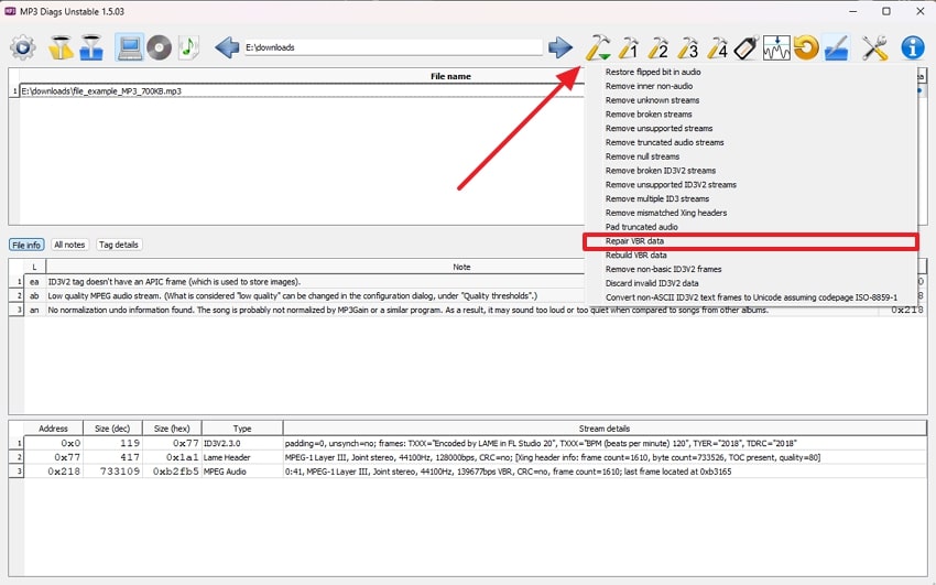 choose to repair vbr data
