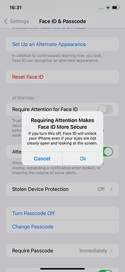require attention for face id