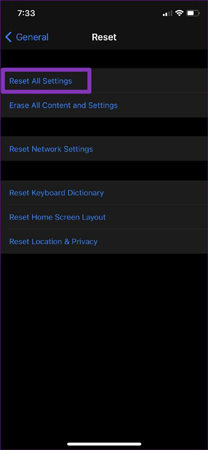 reset all settings