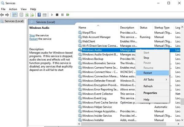 restart windows audio services