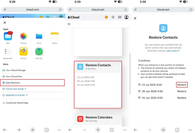 Restore contacts using iCloud.com Data Recovery
