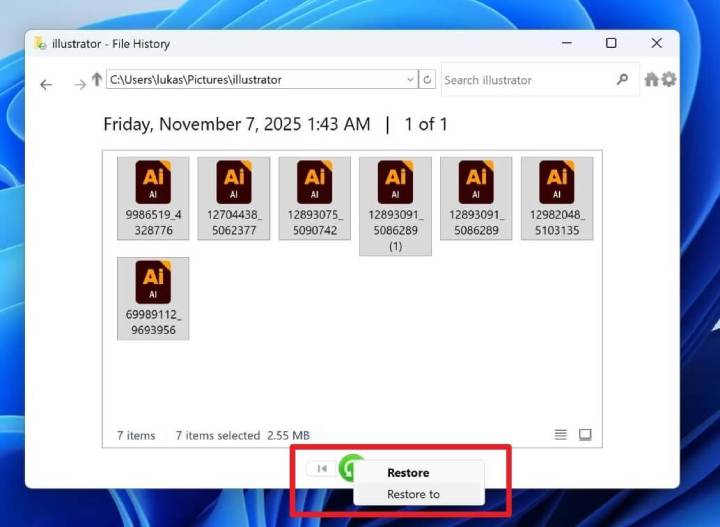 restore Illustrator file from File History