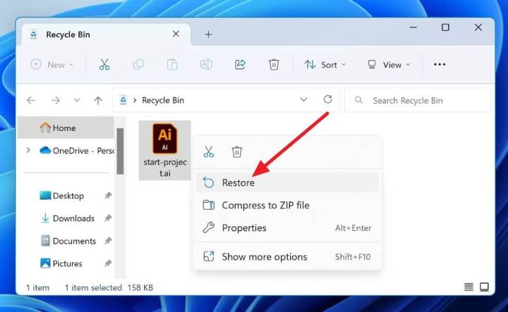restore Illustrator file from Recycle Bin