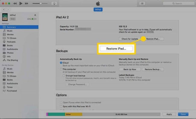 restore ipad from itunes backup