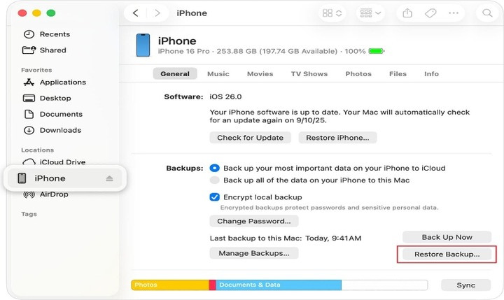 Finder showing Restore Backup for an iPhone