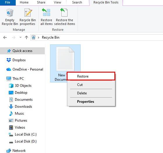 Restore Notepad file from Recycle Bin