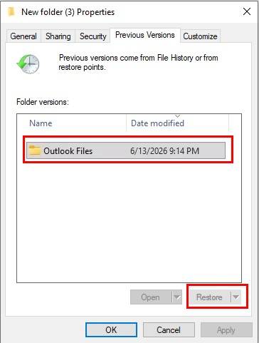 Restore Outlook Files folder previous version