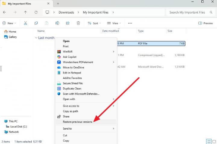 Restore previous version from folder menu