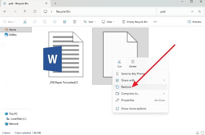 Restore PSD file from the Recycle Bin