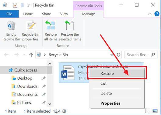 Restore word document from recycle bin