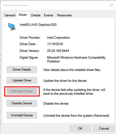 roll back the display adapter driver