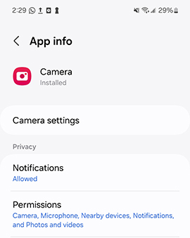 samsung camera permissions