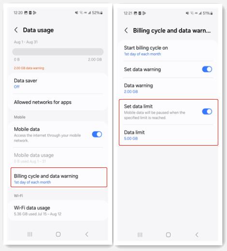 samsung mobile data limit