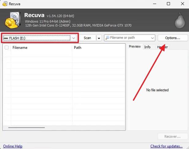 select files in Recuva