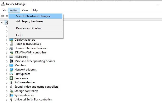 Scan for hardware changes in Device Manager